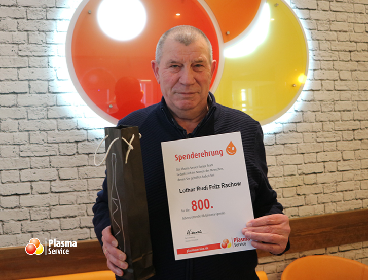 Plasma Service Europe Rostock 800. Spende Lothar Rudi Fritz Rachow